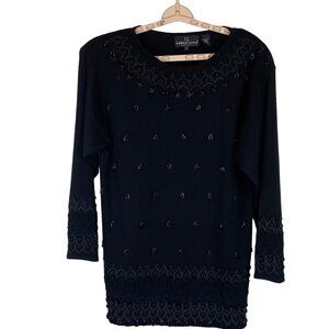 Vintage 80's Carole Little Beaded Boho Chic Black Sweater Mini Dress Tunic  L